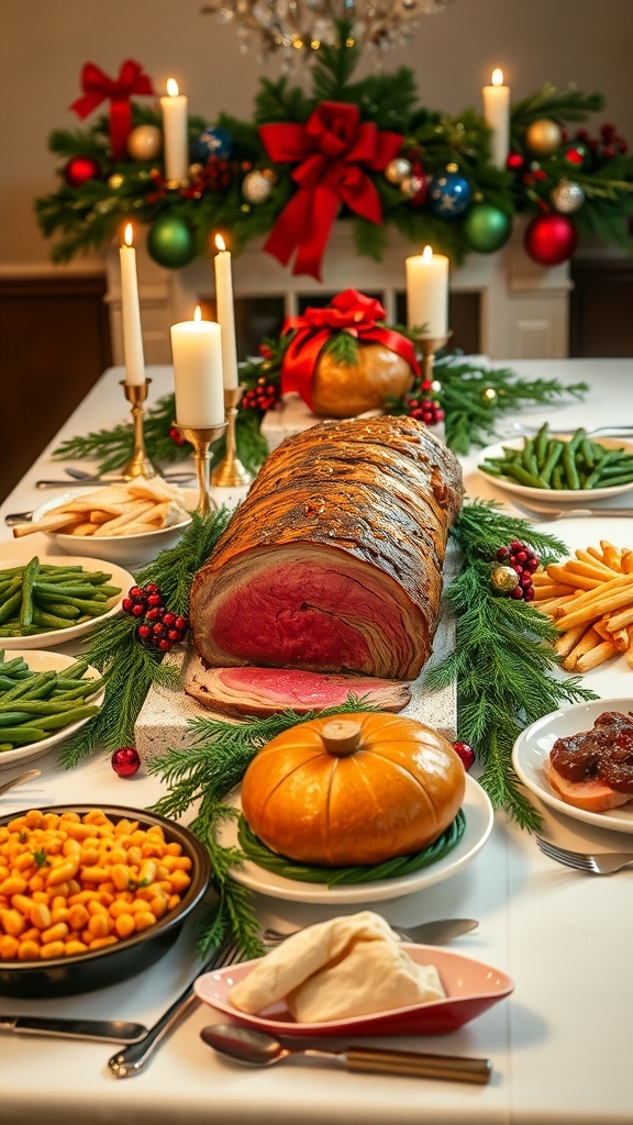 Festive Christmas Dinner Recipe Ideas A festive Christmas dinner table with roasted prime rib, side dishes, and holiday decorations.